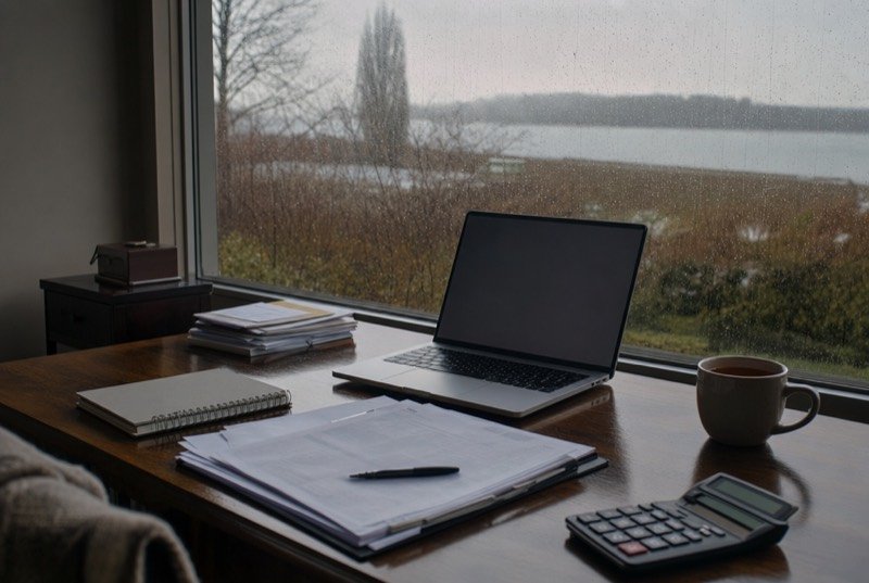 Raindrops on an office window behind a laptop, calculator and sorted receipts