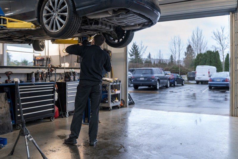 Sedan lifted for an inspection in a bright repair garage