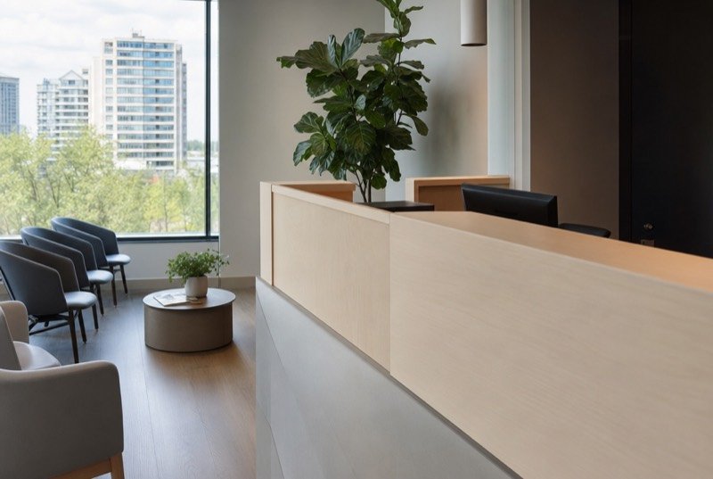 A bright dental clinic reception with a wooden counter and a large window