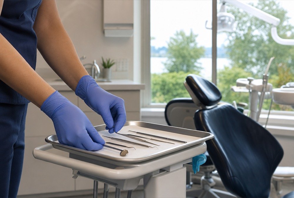A dentist’s gloved hands arranging instruments on a tray before an appointment