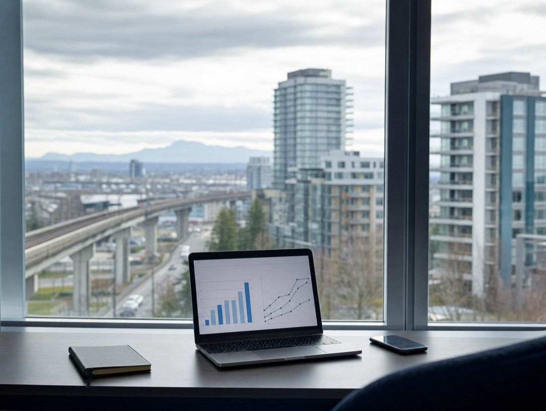 Ad performance charts on a laptop, with residential towers outside the window
