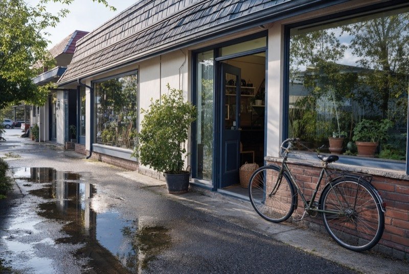 A small independent shopfront with a glass door and signboard in a low-rise retail plaza