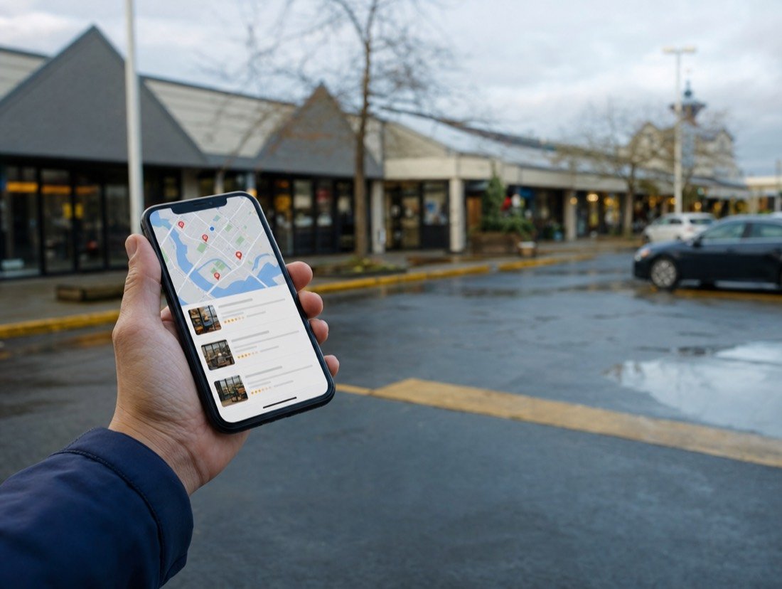 Map results on a smartphone, held up in front of blurred plaza storefronts