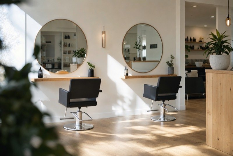 A bright minimalist hair salon with pale wood and round mirrors