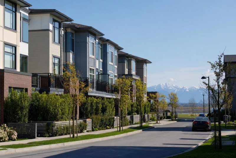 A row of new townhouses with mountains in the distance