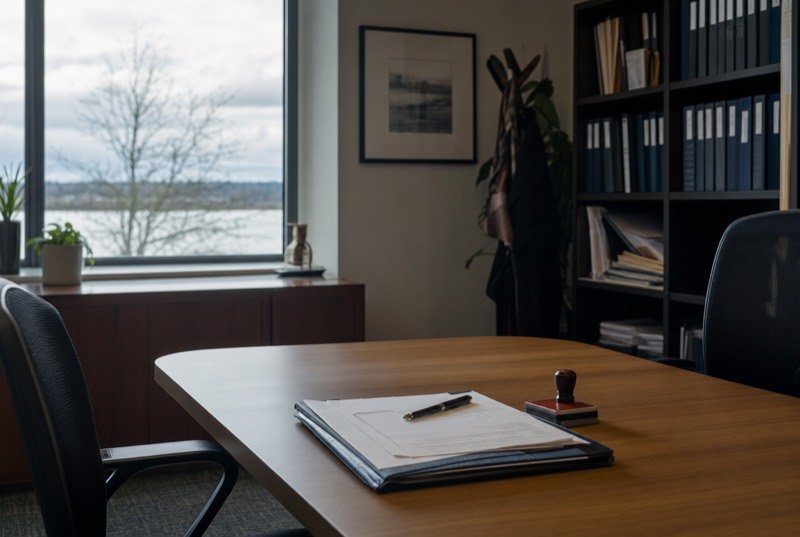 A meeting room table with documents, a pen and a stamp