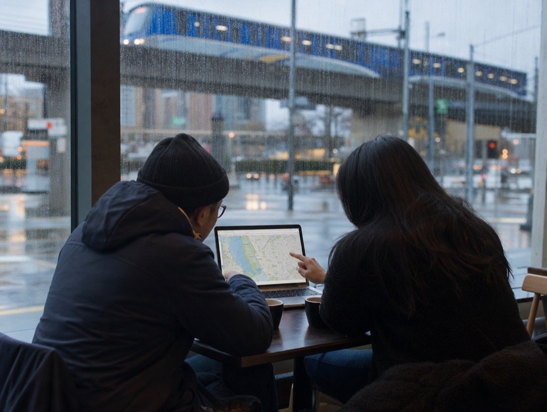 A pair planning over a laptop map at a café table, wet street lights outside
