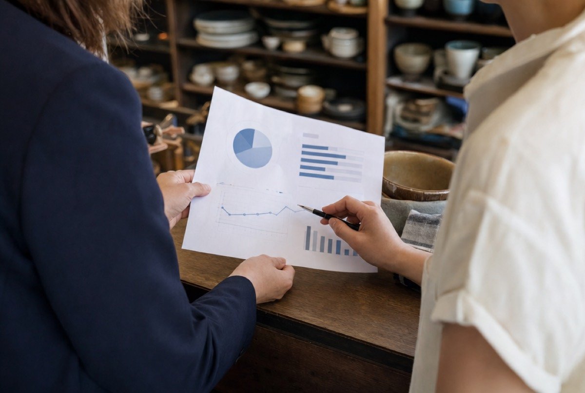 A business owner and an advisor reading a printed report at a shop counter