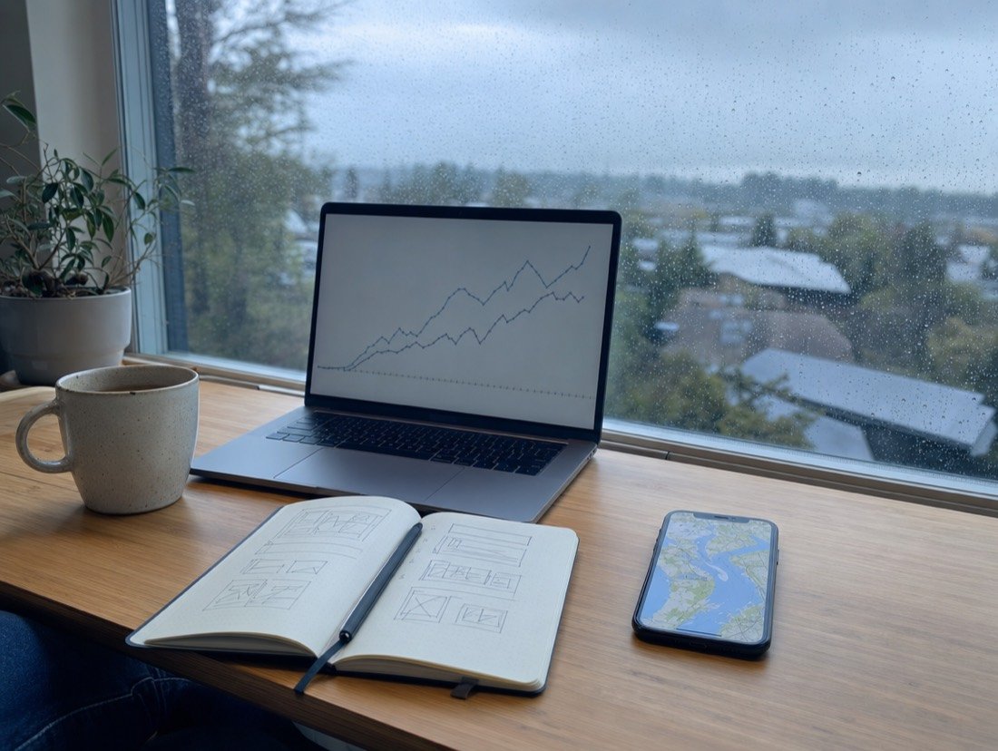 Rain on the glass beside a workspace with a laptop chart, phone map and sketchbook