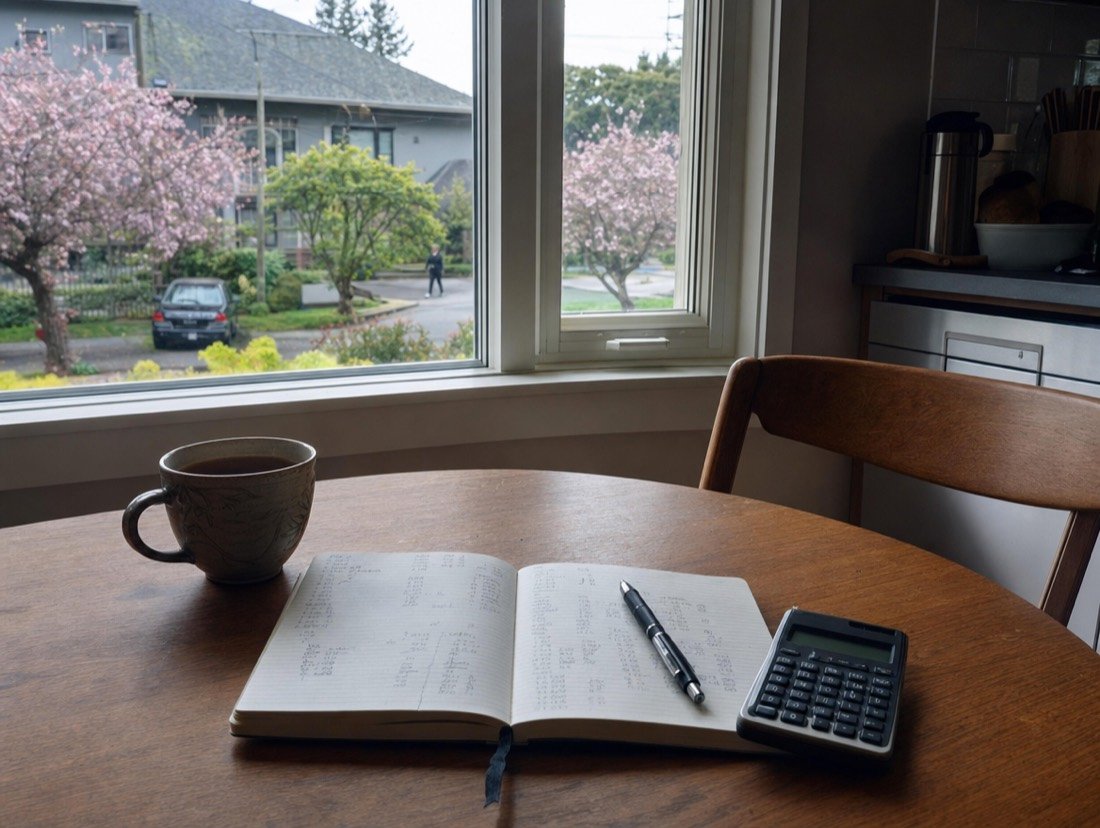 Handwritten figures, a calculator and tea on a kitchen table in the morning