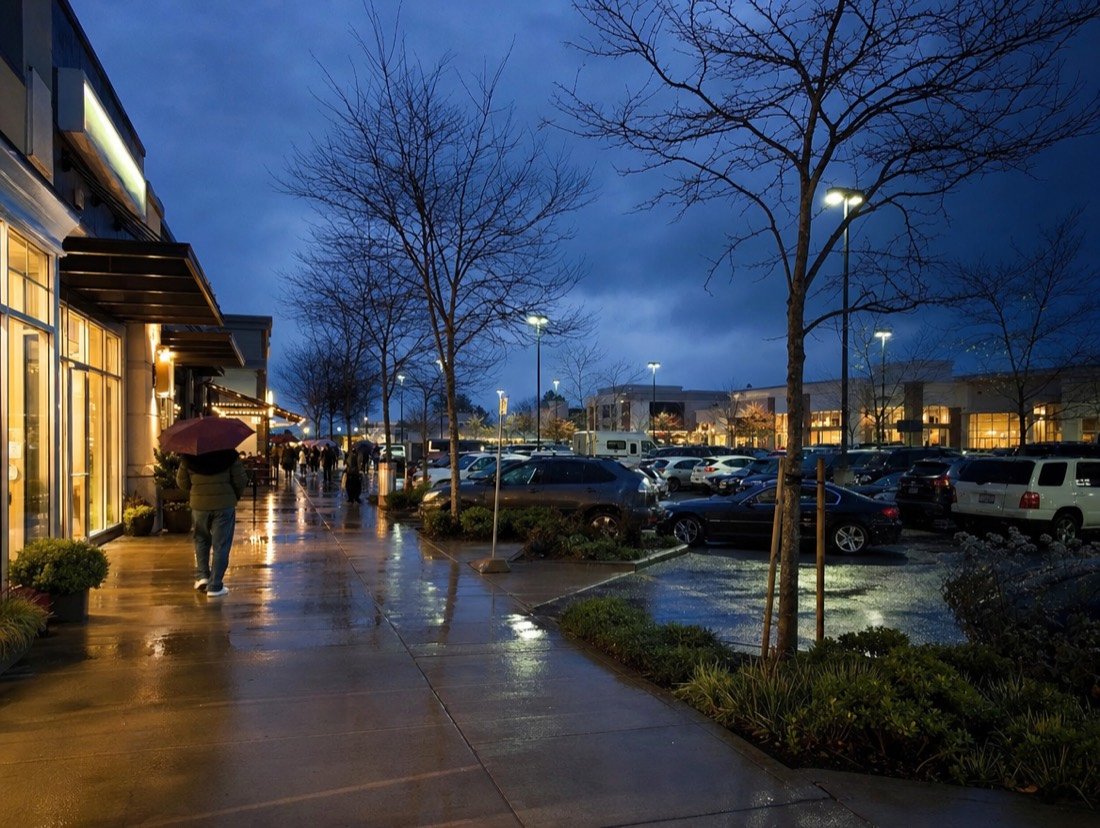 A shopping plaza at dusk in the rain, with shop windows glowing