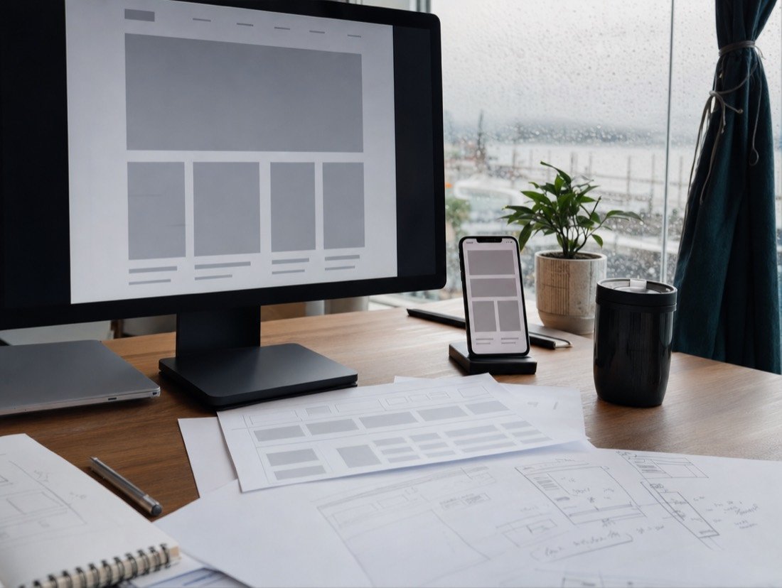 Grey-box page layouts on a desktop screen and a phone, beside pencil sketches