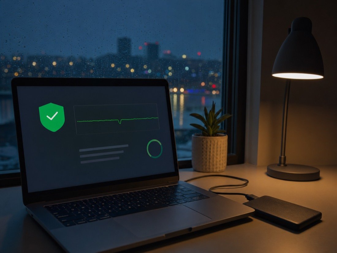 A website health dashboard on a laptop at night, with a backup drive beside it