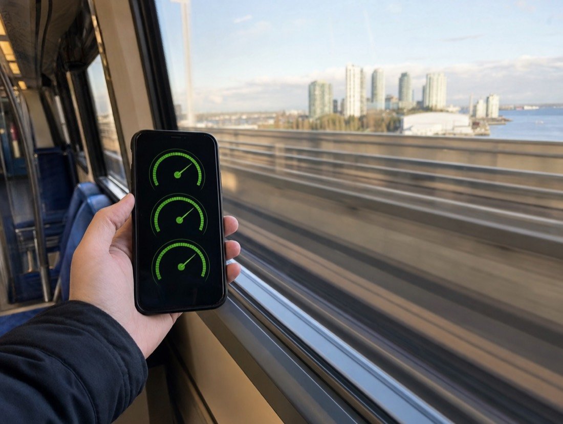 A phone showing green speed gauges inside a moving light-rail train